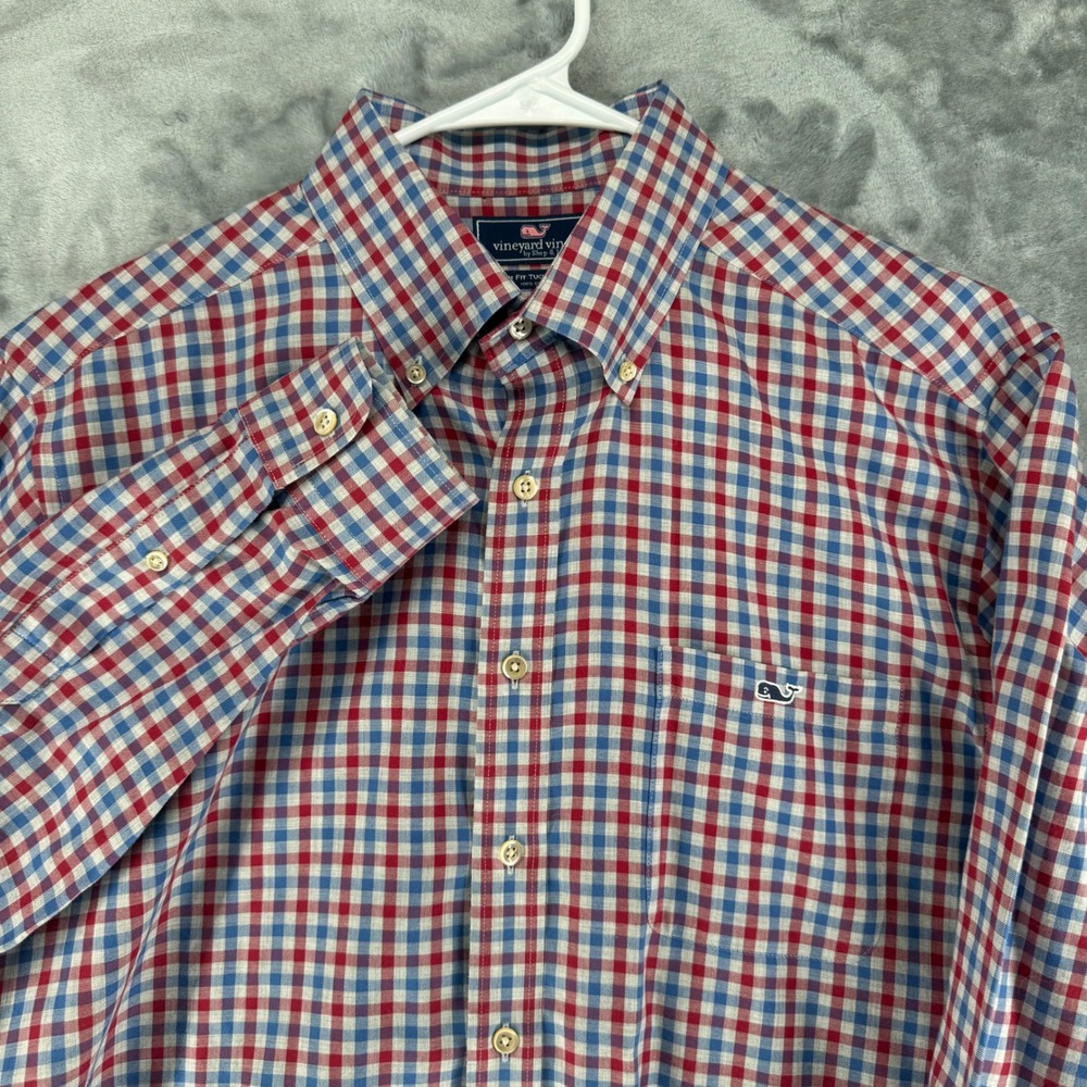 Vineyard Vines Slim Fit Tucker Shirt Mens L Red Blue Gingham Button‎ Down Cotton